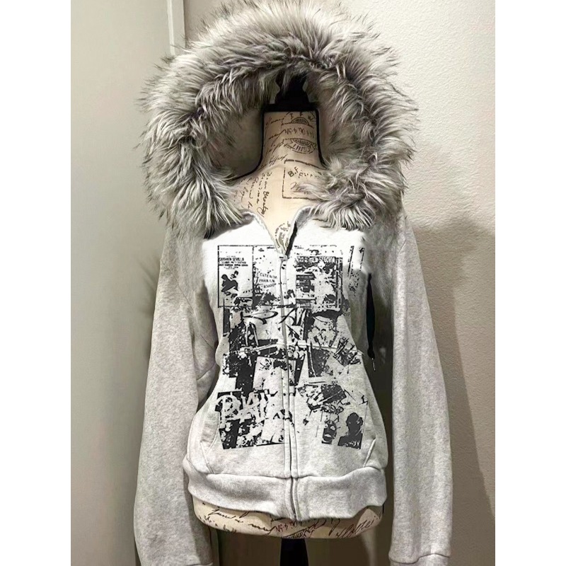 Street Fashion Zip Up Hoodie - Graue Kunstpelz Wolle Doppel-reißverschluss Jacke Hoodies