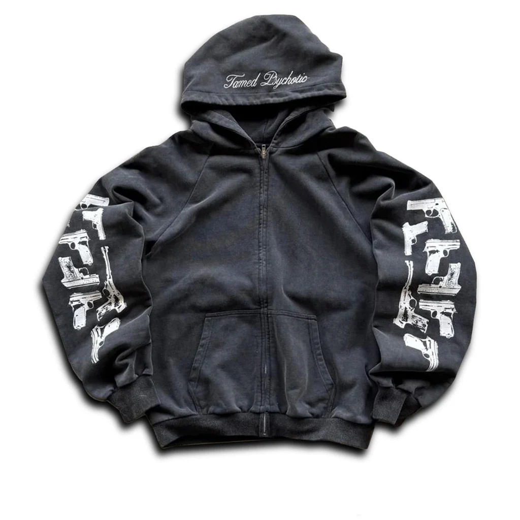 Street Fashion Zip Up Hoodie - Amerikanischer Streetstyle, kreatives Muster mit Waffen-Print,