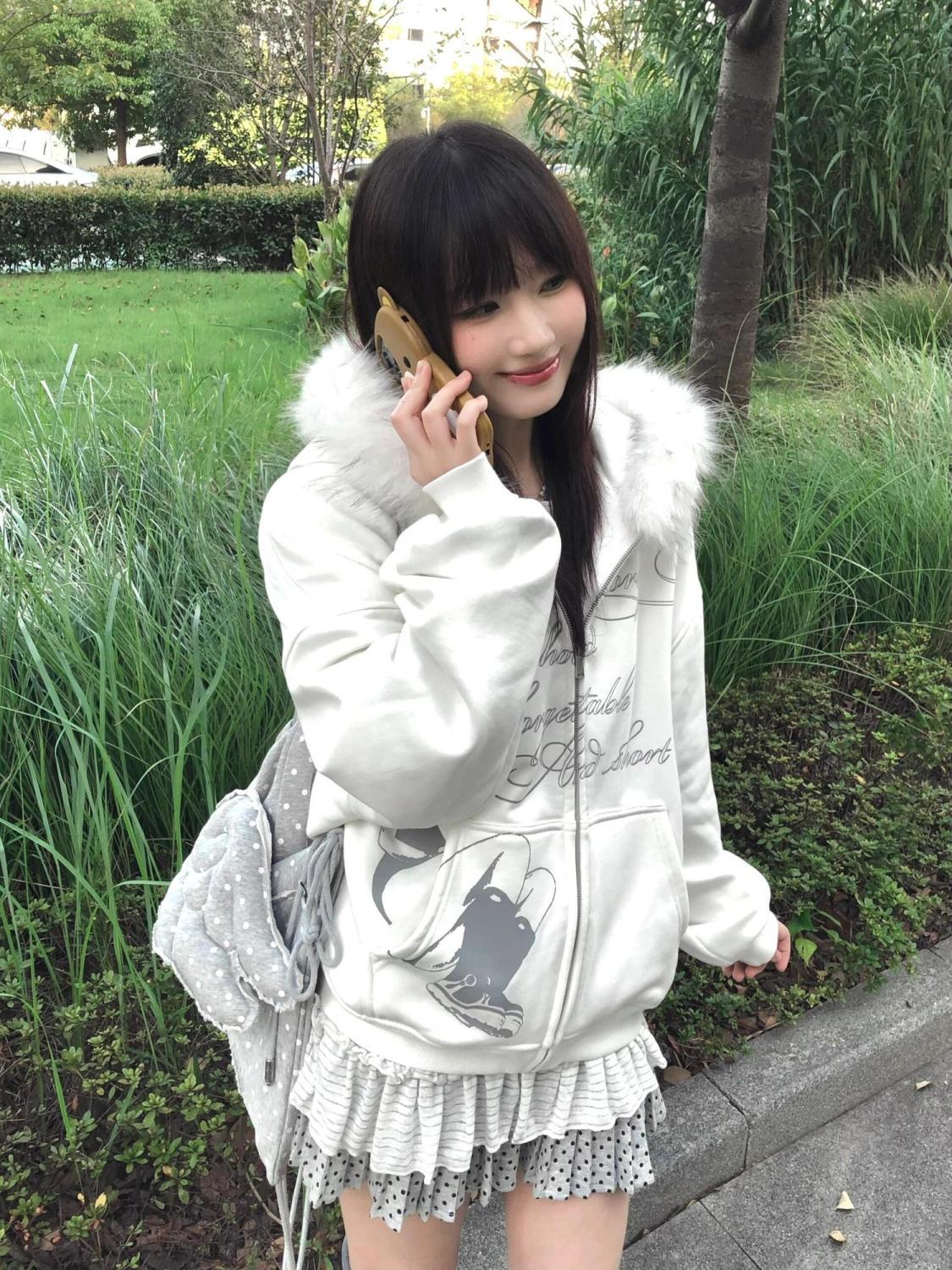 Street Fashion Zip Up Hoodie - Weiße Y2k-Mäntel Damenkleidung Winter Kawaii Buchstaben