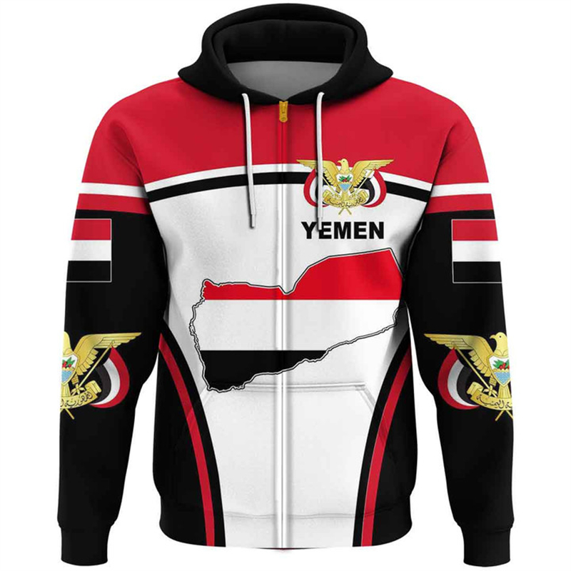 Street Fashion Zip Up Hoodie - Vintage Herren Hoodie Jemen Flagge Muster
