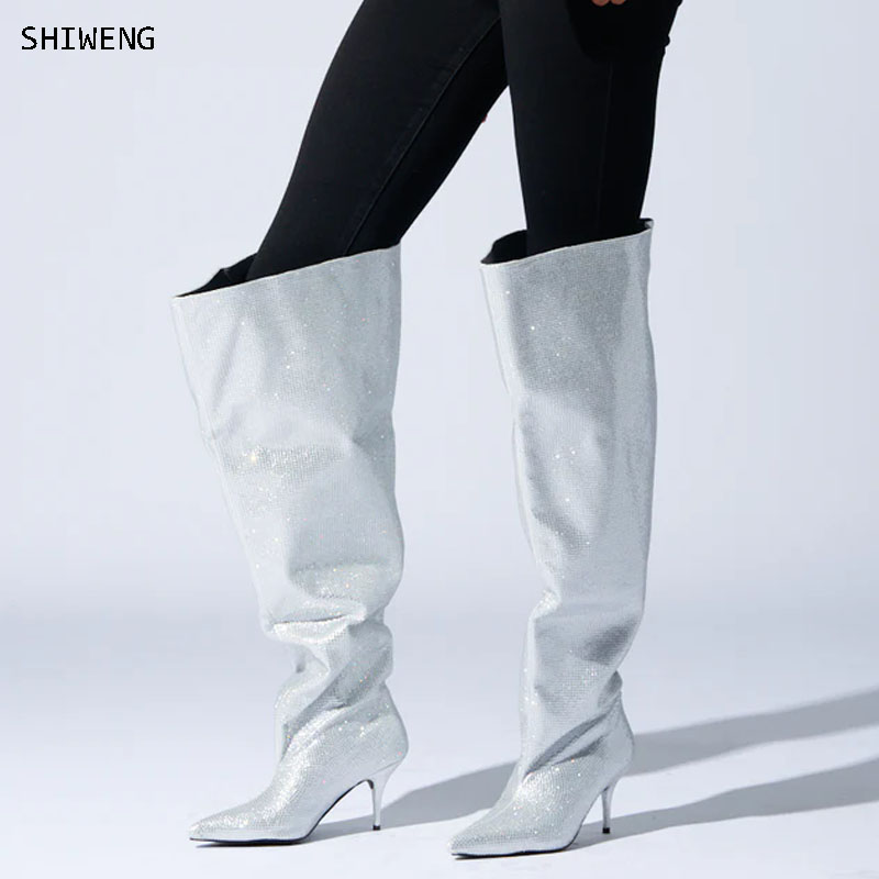 Street Fashion Rome 2026 - 2026 kniehohe Silber Kristall Stiefel Thin