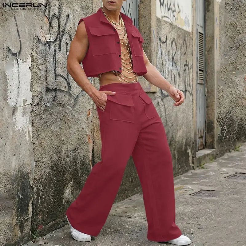 Street Fashion Clothes - INCERUN Herren-Sets Einfarbiges Ärmelloses Crop-Top Hemd