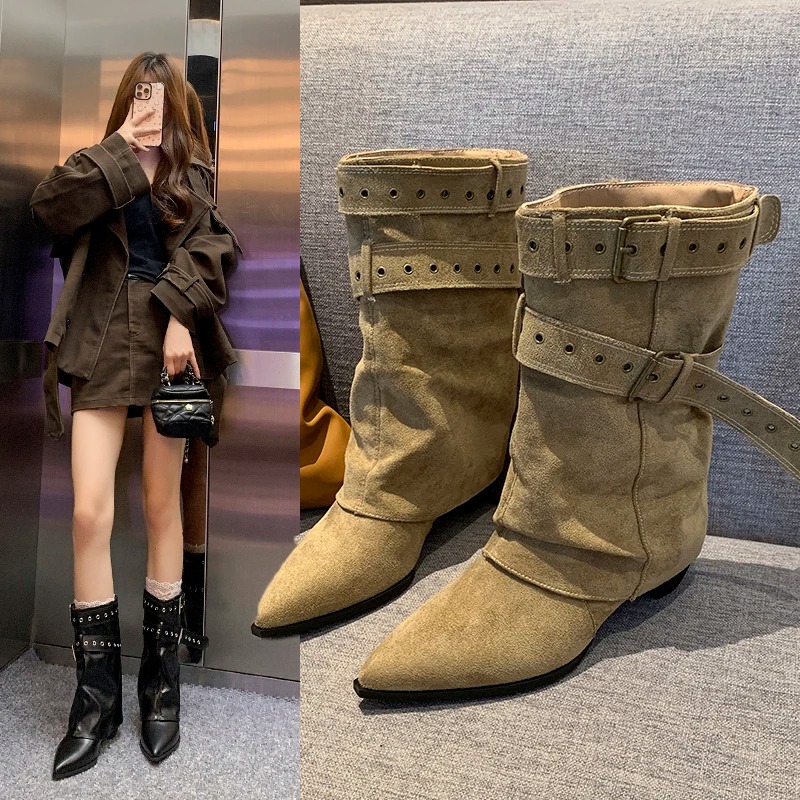 Street Fashion Trend 2025 - 2025, spitze Zehen-Damen-Winterstiefel, Designer-Mid-Heels, elegante Schuhe,