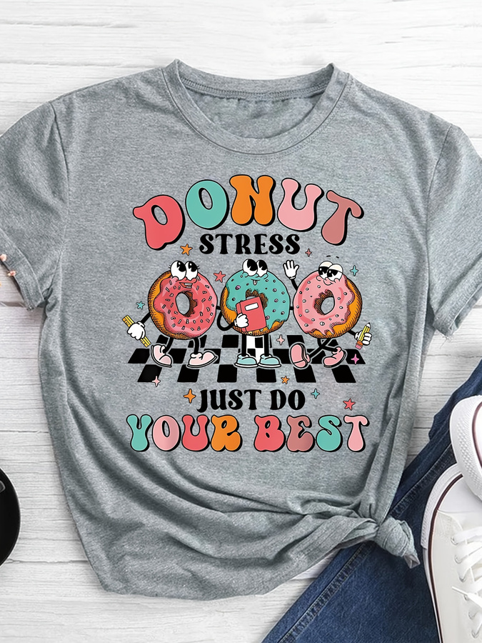 Street Fashion Trend 2025 - T-Shirt mit Cartoon-Donut-Print, kurzärmeliges, lässiges Oberteil