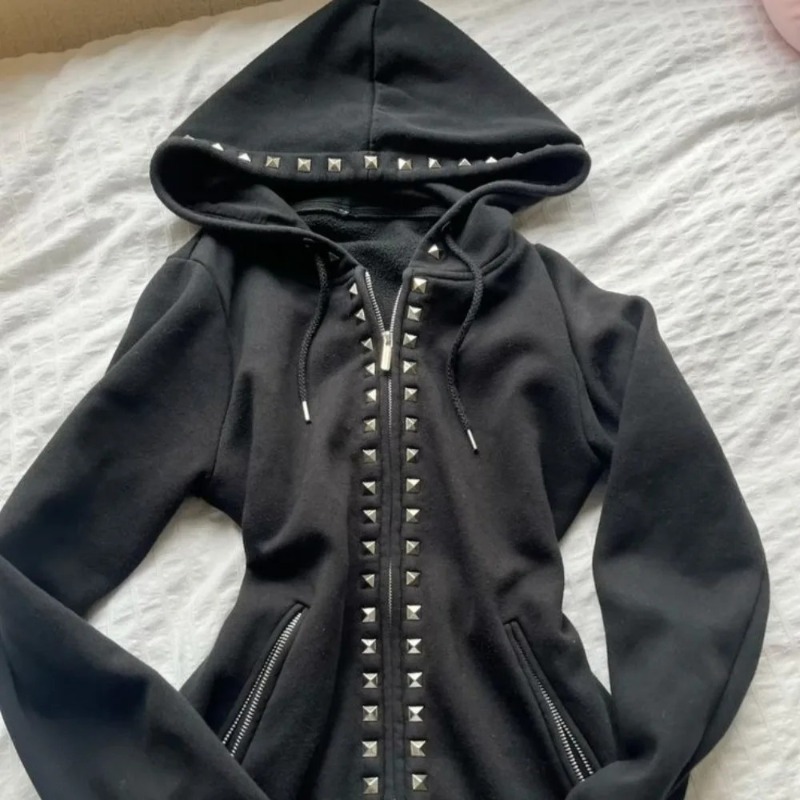 Y2K Neue Mode Nieten-Reißversc – Street Fashion Zip Up Hoodie Bewertung und Preis