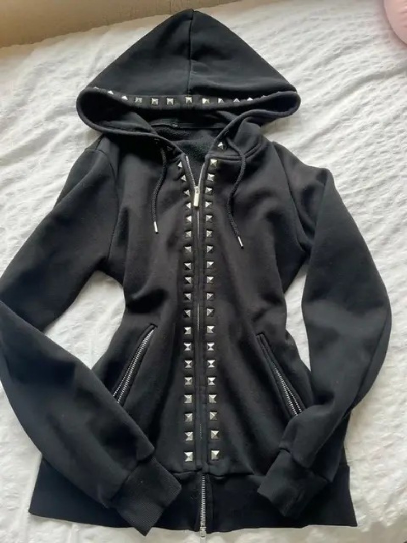 Y2K Neue Mode Nieten-Reißversc – Street Fashion Zip Up Hoodie Bewertung und Preis