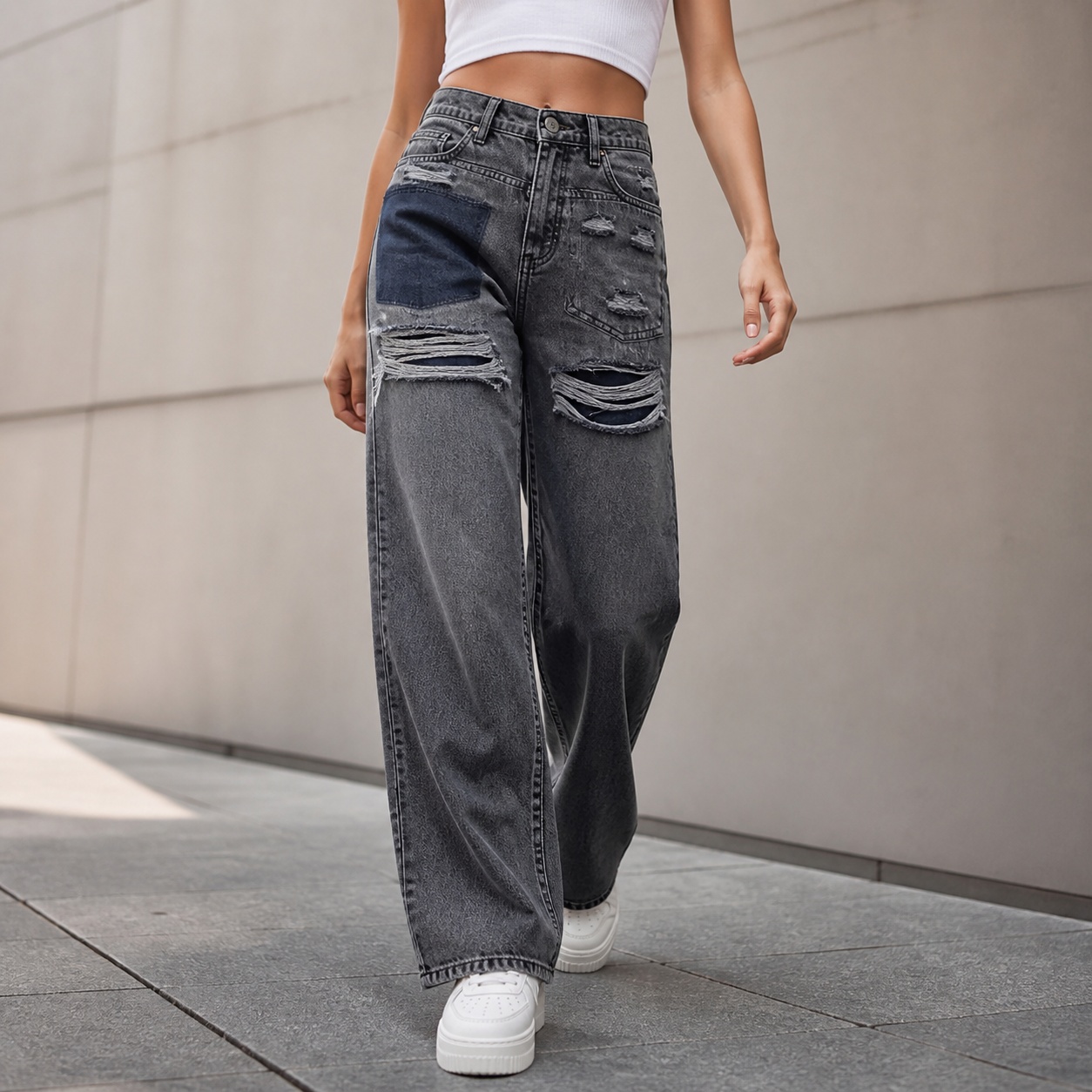 Damen-Jeans mit mittelhohem Bu – Distressed Jean Rip Bewertung und Preis