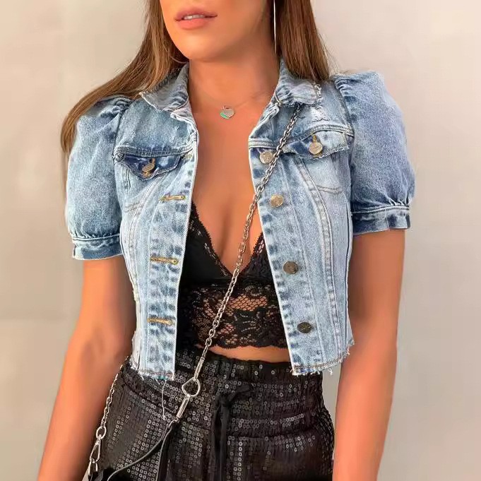 Damen Jeansjacke Crop Hellblau – Distressed Jean Rip Bewertung und Preis