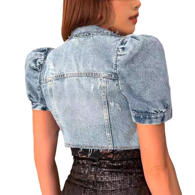 Damen Jeansjacke Crop Hellblau – Distressed Jean Rip Bewertung und Preis